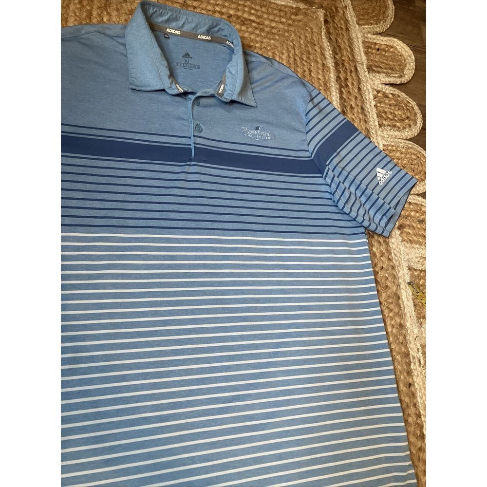 Adidas Golf Shirt Mens XL Blue‎ Striped Riverfront Golf Club Polo Short Sleeve